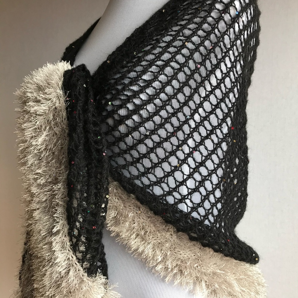 New Hand Knitted Shawl with Fur trim and sequins. Long scarf, Wrap.Gift for Her - Picture 11 of 16